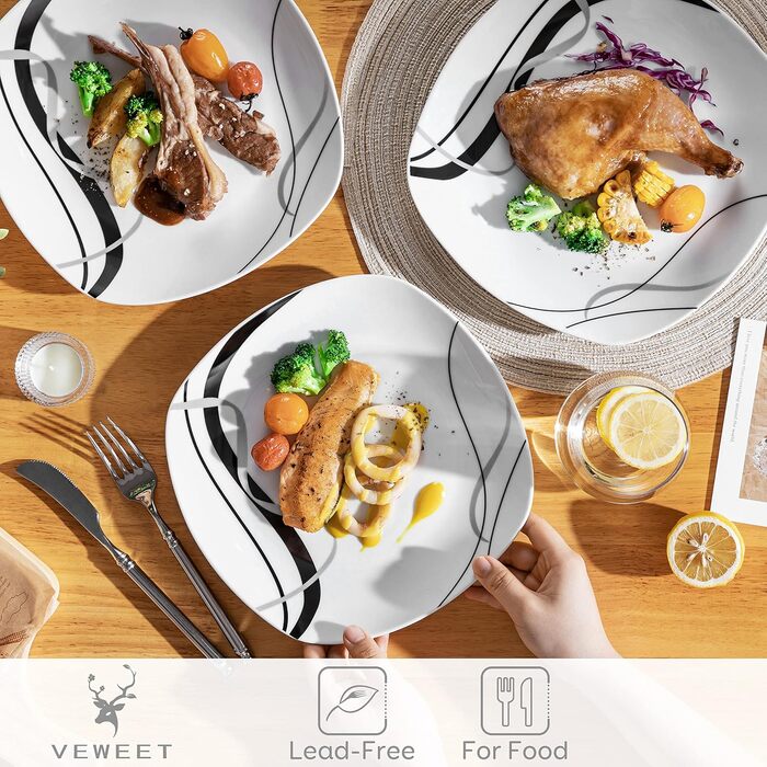 VEWEET FIONA Porcelain Dinner Plates, Dinner Plate Set for 6 People, Ø 24.7 cm Plate Set, Dessert Plate, Pasta Plate, Cake Plate and Breakfast Plate, Microwave Safe and Dishwasher Safe