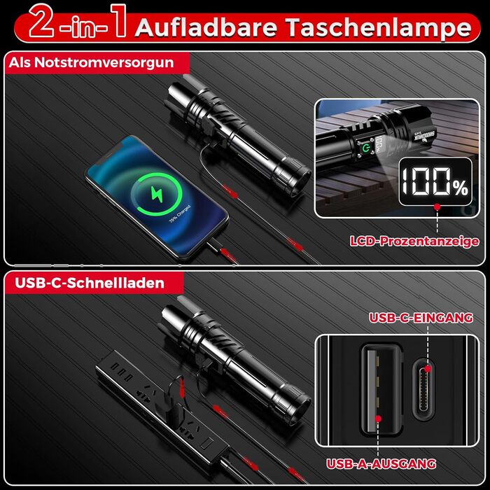 Тактична ліхтарик Shadowhawk 500000 Lumen: 10 Вт, дальність до 1000 м, 24 год роботи, LCD-дисплей, для кемпінгу та туризму