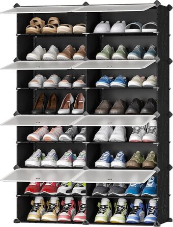 Plastic shoe cabinet, DIY simple shoe rack, narrow, with door, steel frame, stable, for hallways, bedrooms, entrance areas, White with transparent door, 2 * 6 (Black, 2x8)