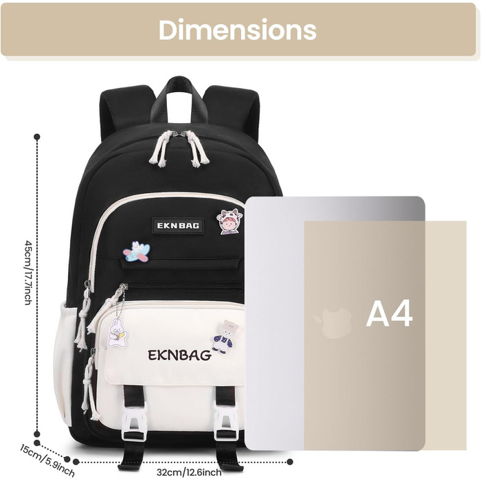 Шкільний рюкзак Tanou для дівчаток, підлітків, 3-7 клас, велика місткість, легкий нейлон, чорний