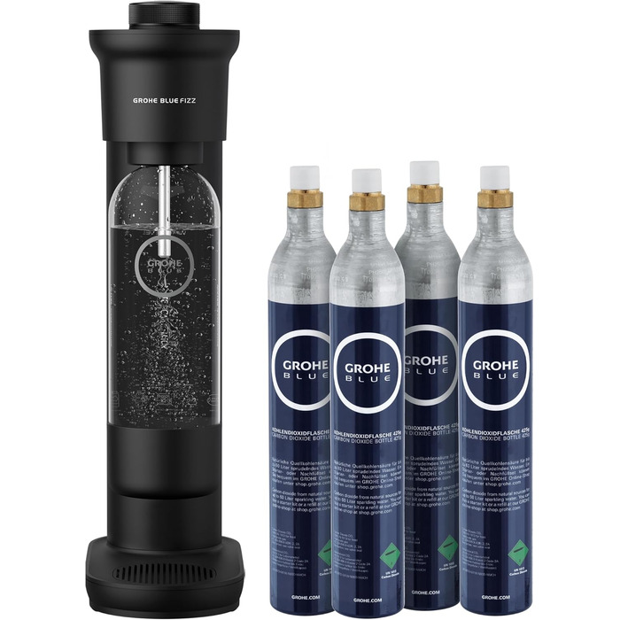 GROHE Blue Fizz Набір для газованої води (3 рівні газування, без CO2 балончика, 1x 0,85л пляшка + засіб для чищення), 31943K00 (1x 0,85л пляшка | 4x CO2, без дисплея CO2, Чорний)