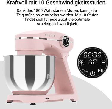 Кухонний комбайн KLAMER 1800W, планетарний міксер для тіста з чашею з нержавіючої сталі 6л (Premium Pink)