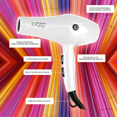 Фен для волосся ID Italian Design GTI 2600 з дифузором, 2200 Вт, AC-мотор, 3 режими нагріву, білий