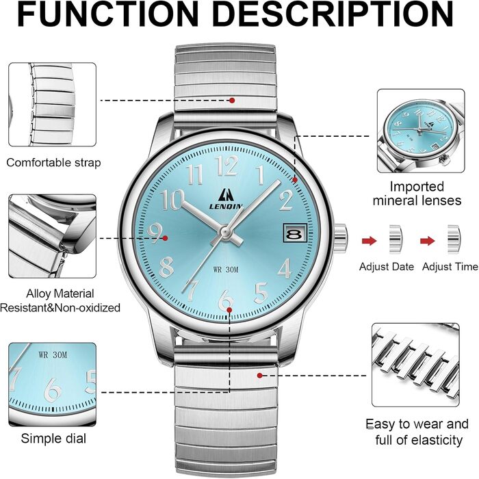 Жіночий годинник LN LENQIN: кварцовий годинник з нержавіючої сталі, водонепроникний, аналоговий, з регульованим браслетом (сріблястий, синій)