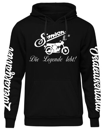 Чоловічий худі UGLYSHIRT Simson Ostdeutschland — чорний світшот з капюшоном для любителів двотактних мотоциклів S50, S51 та Trabant