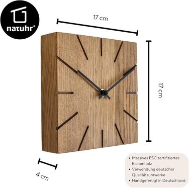 Oak Wall Clock, Table Clock, Desk Clock - Beam - Solid Wood Design 17 x 17 cm (Smoked Oak, Black Hands, Radio Clock Movement)
