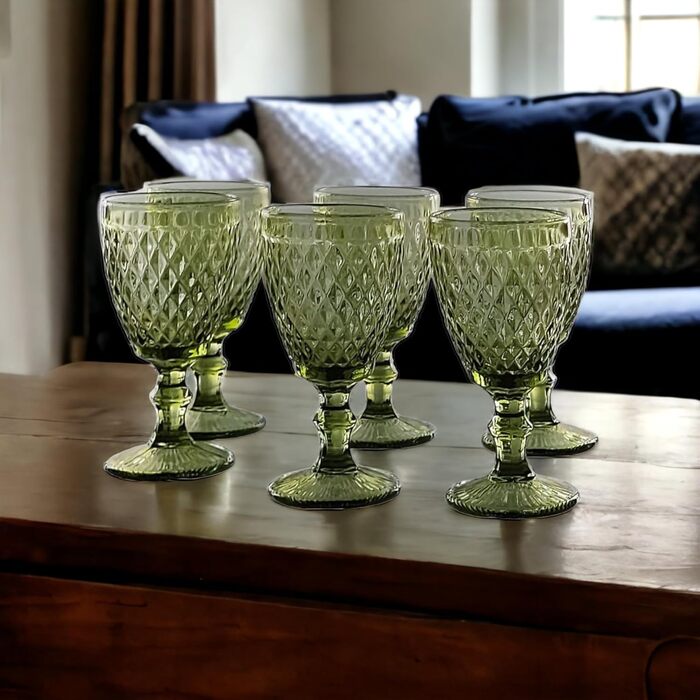 Vintage Set of 6 Colored Glasses and Tumblers with Diamond Pattern (Netz Green Wine Glass), Long Drink Glasses, Cocktail Glasses with Embossing, Glass, Tumbler, Wine Glass, Water Glass, Goblets