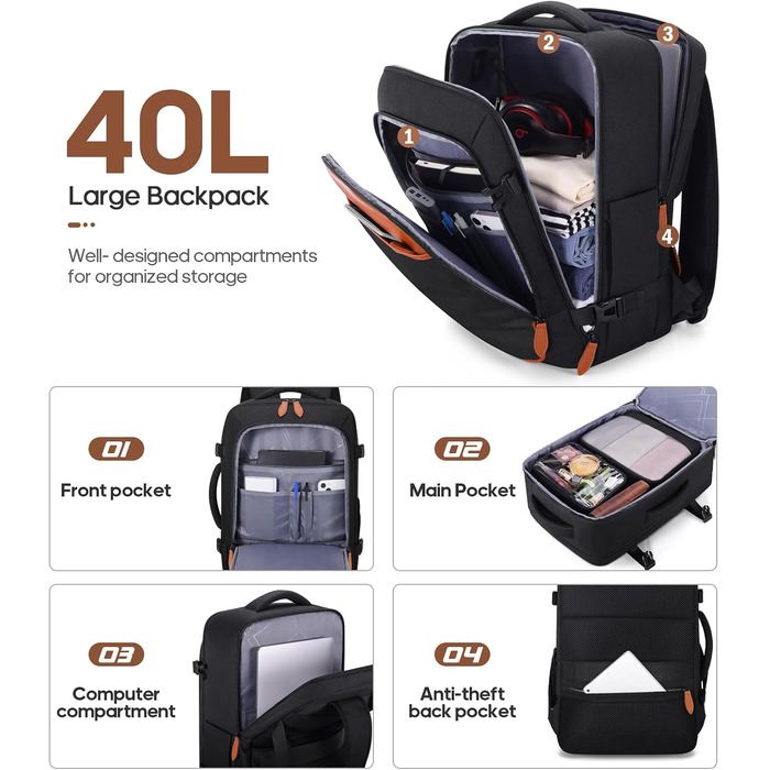 Набір валіз UKEIN 3 шт. з жорстким корпусом, для подорожей, з TSA замком, з ручним багажем, з рюкзаком та косметичкою, чорний