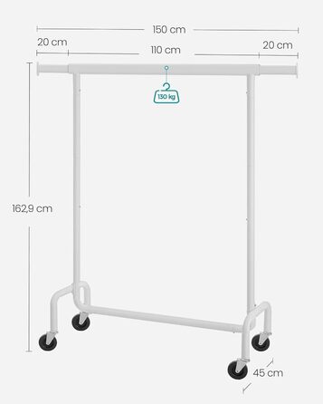 SONGMICS Clothes Rack with Wheels, Garment Rack, Heavy Duty, Extendable Clothes Rod, Holds up to 110 kg, 45 x (160-200) x 162.9 cm, Metal, Chrome, HSR176E01 ((110-150)B cm, Mattweiß)