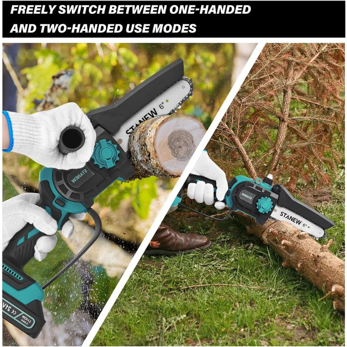 Міні-бензопила STANEW з 2 акумуляторами 2000mAh та зарядним пристроєм, 6 та 8 дюймів, 600W безщітковий двигун, для догляду за садом, обрізки дерев та роботи з деревом. Стандартна комплектація