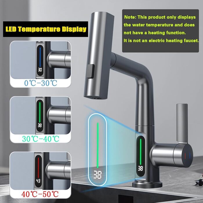 Кухонний змішувач з витяжною лійкою та душем, 3 режими, LED-індикатор температури, однорідний, поворотний на 360°, для кухні, високого тиску, регульована висота (сірий)