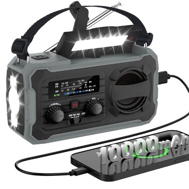 Радіо FIVAVA на сонячних батареях з ручним генератором, Powerbank 10000mAh, AM/FM, SOS-сигналізація, LED-ліхтарик для кемпінгу та надзвичайних ситуацій (Чорний)