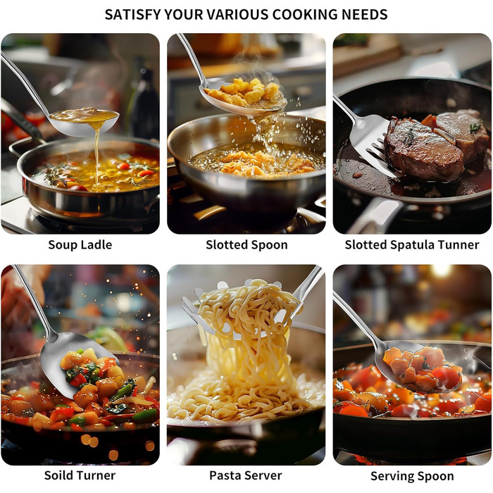 Набір кухонних аксесуарів 304 нержавіюча сталь, 12 предметів - набір кухонних інструментів з лопаткою, половником, ложкою, шумівкою, лопаткою для перевертання, щипцями (безпечно мити в посудомийній машині), сріблястий колір