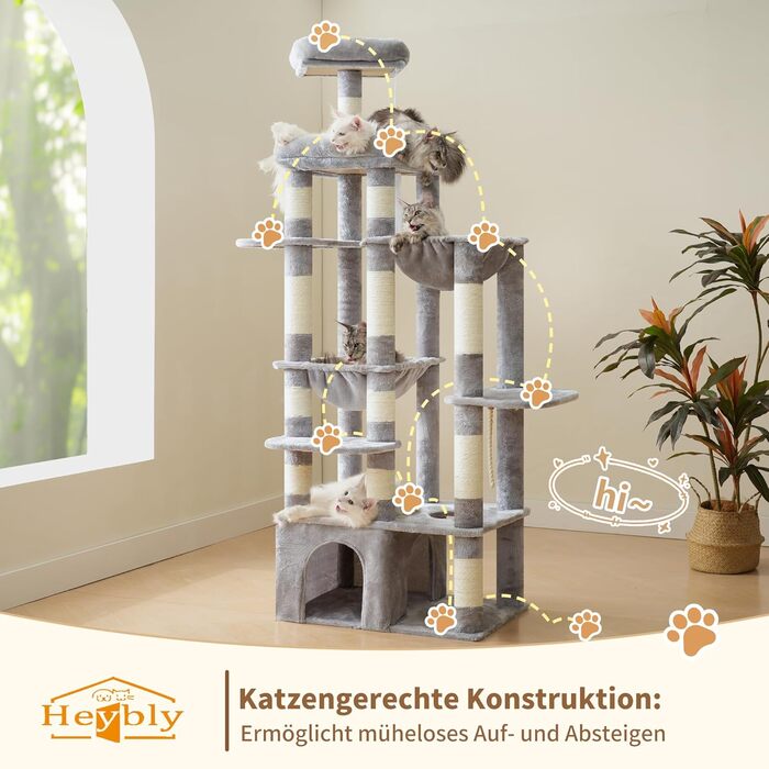 Драбина для котів Heybly, 180 см, велика з надміцною основою, XL-платформа, великий будиночок для котів, 2 гамаки, багатоярусні котячі меблі для Мейн-кунів та інших великих котів, сірий колір HCT037W
