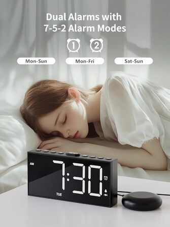 ROCAM Vibration Alarm Clock, Loud Alarm Clock for Deep Sleepers, 7'' Large Display, Bold Font, Digital, Adjustable Brightness, Dual Alarm, Snooze, USB Charger, for Use in the Bedroom (white)