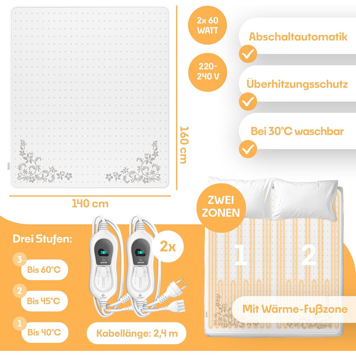 Електрична ковдра KESSER® з автовимкненням та пультом керування | Ковдра з 3 рівнями нагріву | Підігрівач для ліжка, матрацу | Тепла ковдра з м'якого флісу, білий колір - без візерунка (160 x 140 см)