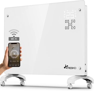 Конвектор TRESKO® 2000W з Wi-Fi, LED-дисплеєм та таймером | Електрична скляна панель опалення | Білий | 2000 Вт