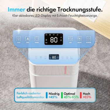 Електричний осушувач повітря VonHaus 20л/24г з Wi-Fi та додатком, для підвалу та приміщень до 20м², 41дБ, з режимом сну, таймером та зливом, сумісний з Alexa & Google Home