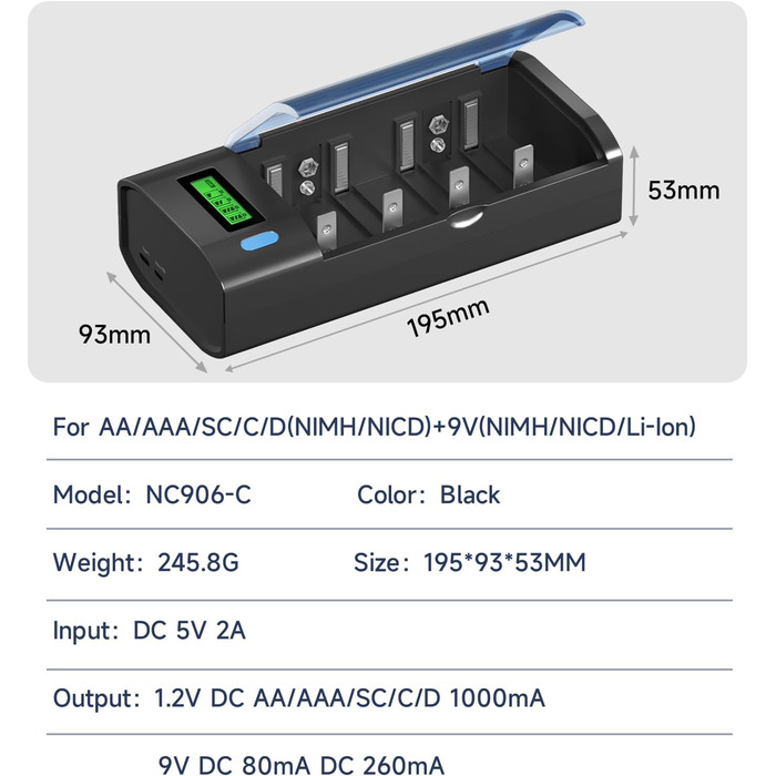 Зарядний пристрій для акумуляторів Universal для AA/AAA/SC/C/D/9V NI-Mh/NI-CD та 9V Li-ion з функцією розряду та LCD-дисплеєм, швидка зарядка