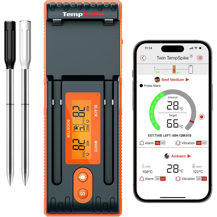 Бездротовий м'ясний термометр ThermoPro Twin TempSpike 150 м Bluetooth із зарядною станцією і дисплеєм для духовки, гриля, шашлика, безпечний для посудомийки