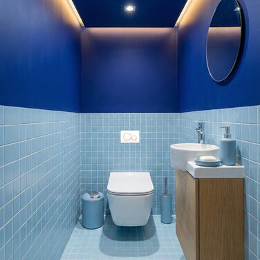 Набір аксесуарів для ванної кімнати 6 предметів, пластик, блакитний: туалетний йоржик, кошик для сміття, стакан для зубних щіток, мильниця, дозатор для мила, декоративна тарілка