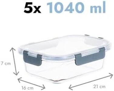 Набір скляних контейнерів Visario Glas 5 шт х 1040 мл з кришками – Borosilikat, герметичні, для мікрохвильовки, духовки та посудомийки, без BPA