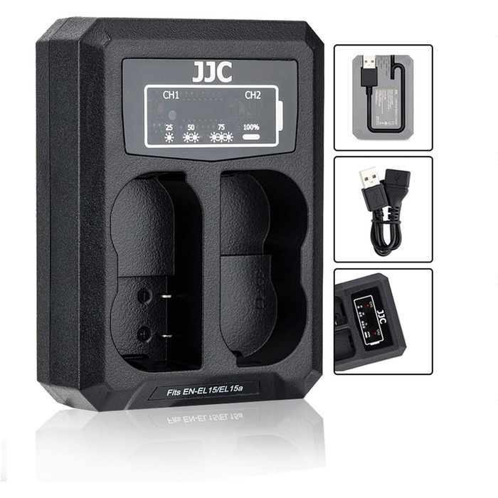 Зарядний пристрій Dual USB для камер Nikon Z7, Z6, D850, D810, D800, D750, D610, D600, D500, D7500, D7200, D7100, D7000 (сумісний з акумуляторами EN-EL15, EN-EL15a, EN-EL15b)