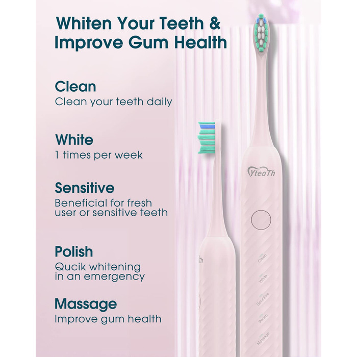 Електрична зубна щітка для дорослих з 6 насадками, акумуляторна звукова щітка, рожева (1 шт.) - тривала робота до 180 днів