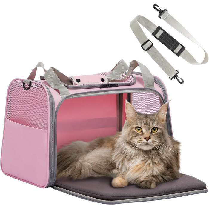 Транспортна переноска для котів та маленьких собак Petfit, рожева, L, з ремінним кріпленням та розкладною матрацом