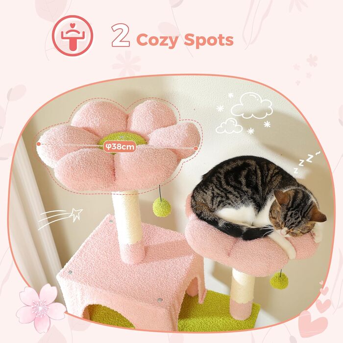 PAWZ Road Драбина-стійка для котів великих порід, 184 см, з гамаком, 7 стовпчиків для дряпання, велика полиця, кошик, для дому (Рожевий)