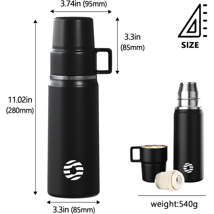 Термос-термокружка 850 мл з чашкою, нержавіюча сталь, ізольована пляшка, для кави, чаю, напоїв, 12h тепла/24h холоду, без BPA, для кемпінгу, відпочинку на природі (зелений)