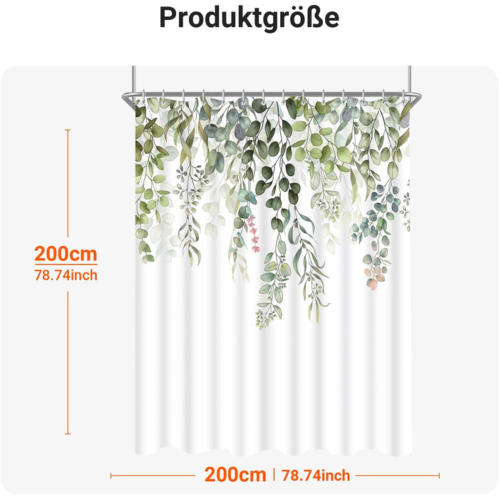 Штора для душу 200x200 см, зелені листки, антигрибкова, текстильна, водовідштовхувальна, поліестер, з кільцями (1 шт)