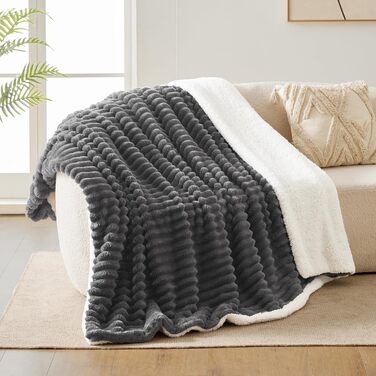 Плед WAVVE Sherpa з штучного хутра, сірий - теплий, м'який, великий (150x200 см)