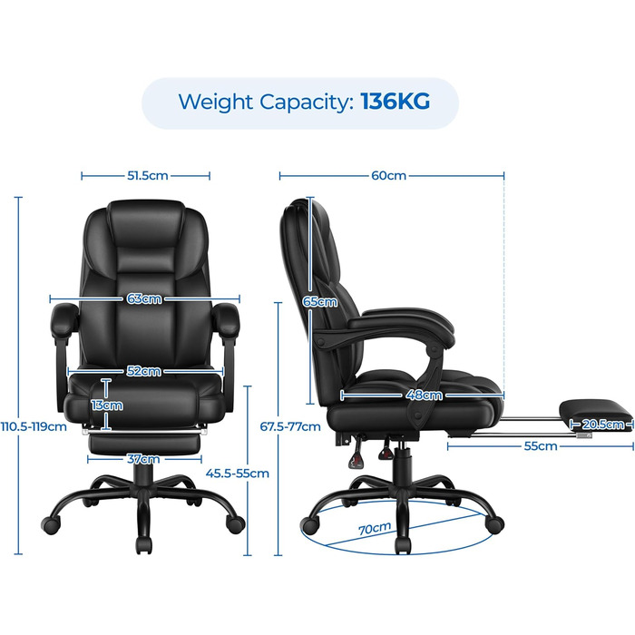 Ергономічне крісло Yaheetech для офісу, керівника з підставкою для ніг, регульовані підлокітники, комп'ютерне крісло з високою спинкою, чорне