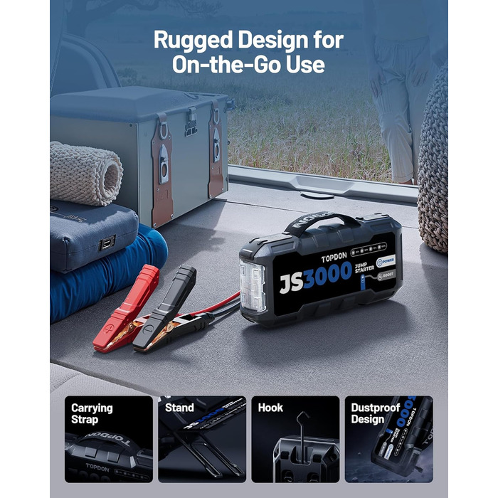 TOPDON JS3000 Powerbank для запуску двигуна: автостартер, бустер для акумулятора до 9л бензину/7л дизеля, 24000mAh, 3000A, LED, EVA-сумка