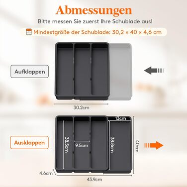 Органайзер для столових приборів Lifewit в шухляду, розширюваний 43.9 см, чорний, 30-44x40x4.6 см