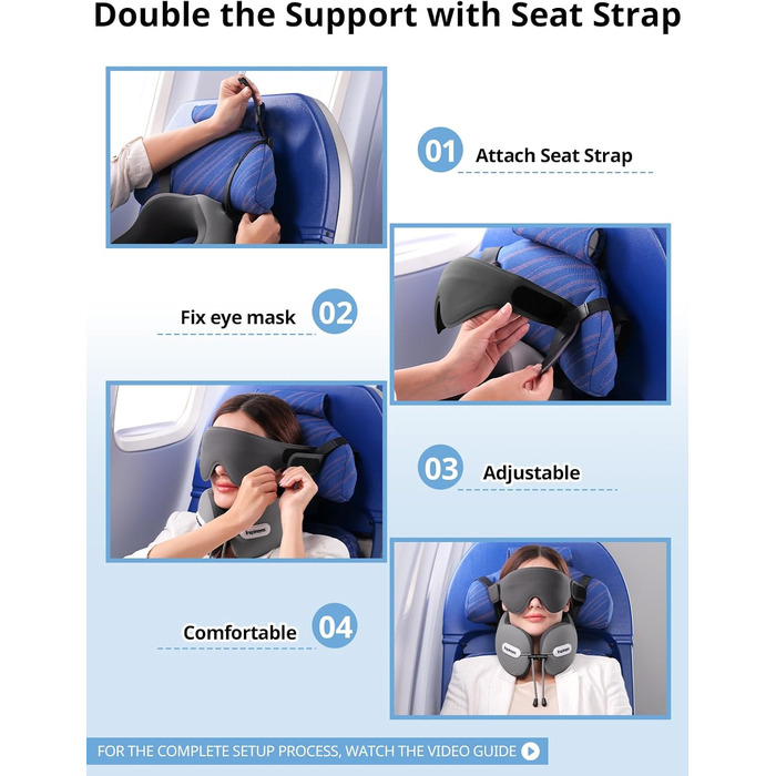 Подушка для шиї у літак з ременем безпеки та 3D маскою для сну, блакитна. Підтримка шиї та голови, високоякісний пінополіуретан, запобігає нахилу голови.