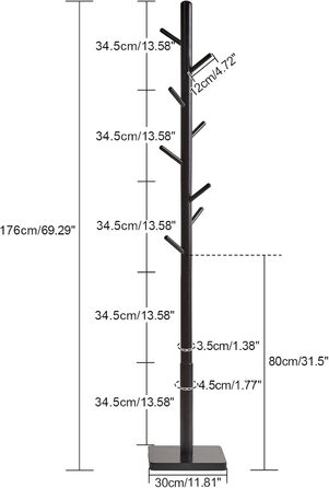 YMYNY Solid Wood Wardrobe Rack, Freestanding Clothes Rack with 8 Hooks, Thickened and 3 Adjustable Heights, for Bag, Clothing, Living Room, Natural Wood Color HCR002N (Black, Square Base)