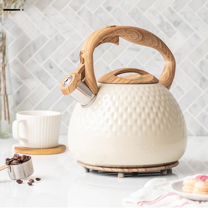 Чайник-свисток з нержавіючої сталі 3L, чайник для чаю та кави, сумісний з усіма плитами, білий