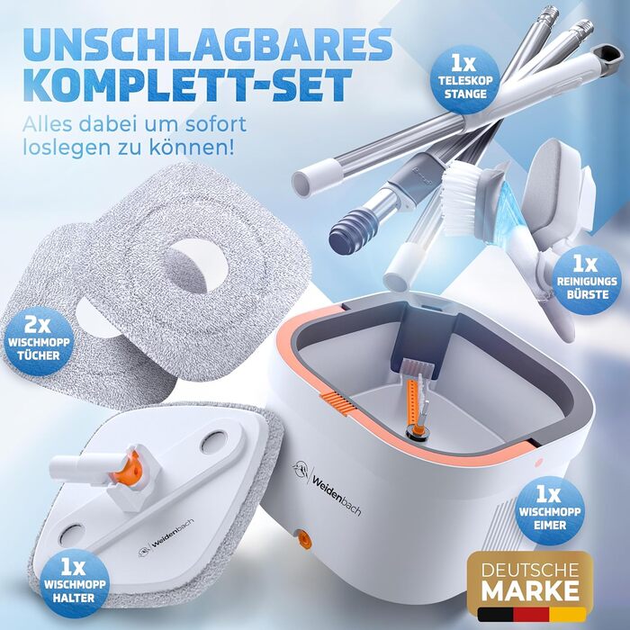 Набір для миття підлоги Wischmopp з відром | Система з 2 камери для розділення брудної та чистої води | Ефективний мийник підлоги з функцією віджиму | Сірі насадки
