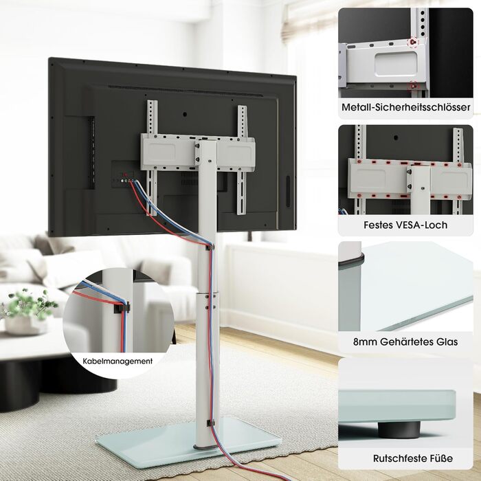 AOKCOS Adjustable TV Stand Base - Height 1350mm, Tilting & Swivel, for 32-70 inch TVs, Universal VESA 400x400, 40kg Capacity (White)