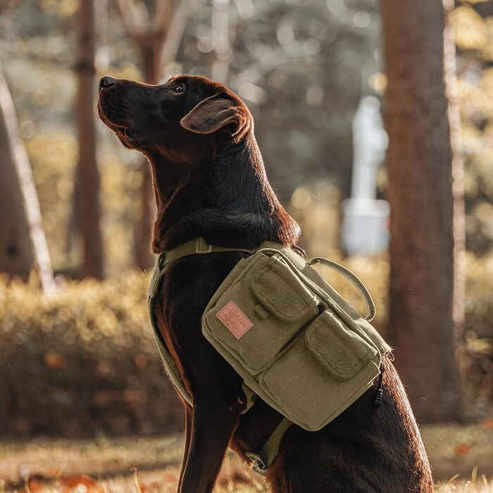 Шлейка для собак OneTigris з рюкзаком, Hoppy Caper 3.0 для піших прогулянок та хайкінгу, рюкзак для собак середніх та великих порід, 2 основні кишені, 4 додаткові кишені - Зелений (L, Коричневий)