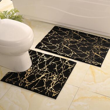 QJHOMO Non-Slip Bath Mat Washable, Bathroom Rug, Toilet Rug with Cutout Black Bathroom Carpet, Gold Decorative Toilet Rug Luxury Bathroom Accessories, soft Microfiber Absorbent Bath Rug 50x50 cm 50 x 50 cm with Toilet Cutout Black and Gold