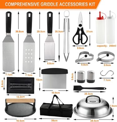 Набір аксесуарів для гриля Grilljoy Plancha: 28 предметів для Blackstone, Teppanyaki, та вогняних плит. Включає прес для смаш-бургерів, шпатель та інші необхідні інструменти.