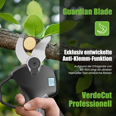 Електричний секатор VerdeCut 40 мм, 21V, акумулятор 4000mAh, безщітковий двигун, LCD дисплей, для обрізки гілок у саду та фруктових садах