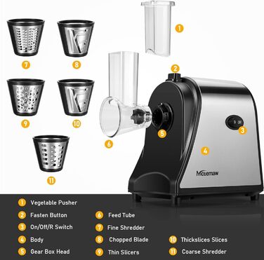 Електричний овочевий слайсер COOCHEER з нержавіючої сталі, 250W. Багатофункціональний подрібнювач з 5 лезами для овочів, сиру, картоплі, моркви, цибулі. Чорний.