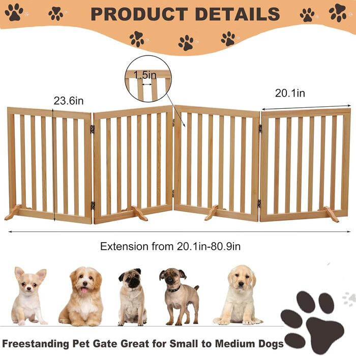 Дерев'яне переносне огорожа для тварин, складаний загін для собак, натуральне дерево, огорожа для собак на сходи, висувна огорожа для дверей, огорожа для собак, висота 60 см, 4 панелі