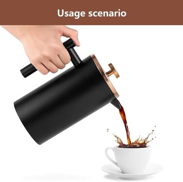 Кавоварка French Press Worbic, 1000 мл, з подвійними стінками, нержавіюча сталь, 3-рівнева фільтрація, для дому, кемпінгу та офісу