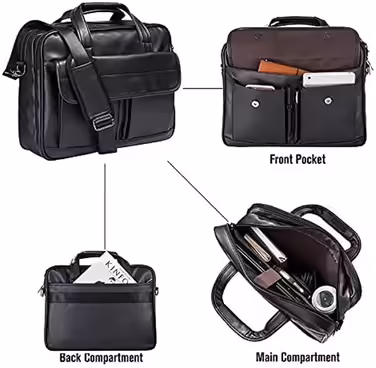 Seyfocnia Courier Bag, Travel Bag, Briefcase, Leather, Handmade, Laptop Bag, Black, 17.3 inches