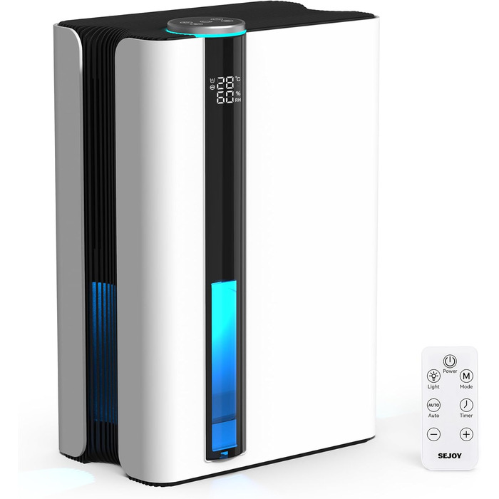 Електричний осушувач повітря Sejoy з пультом дистанційного керування, LED-індикатором вологості, резервуаром 2,5 л, продуктивністю 1000 мл/день, 7-кольоровою підсвіткою, портативний, тихий режим сну 35dB